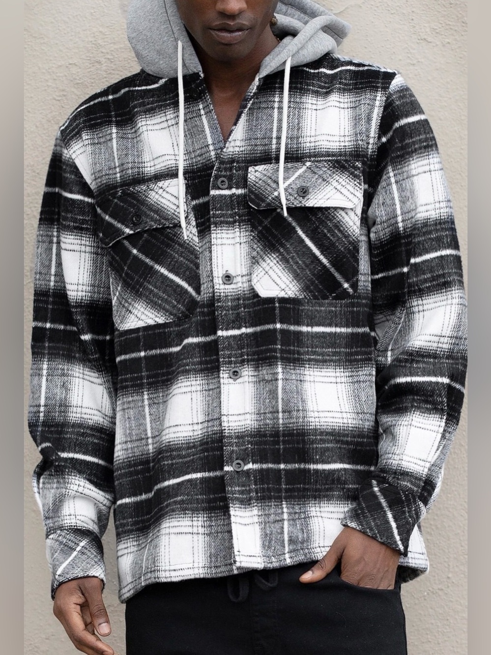 Victorious Black & White Plaid Hooded Flannel Shirt Jacket